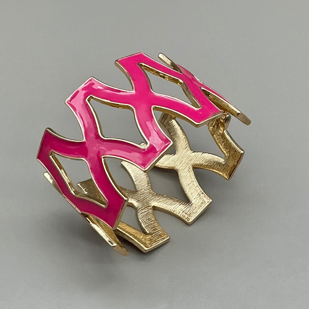 Cuff Bracelet Women Pink Gold Tone Geometric Lattice Enamel Hinge Fashion Jewel